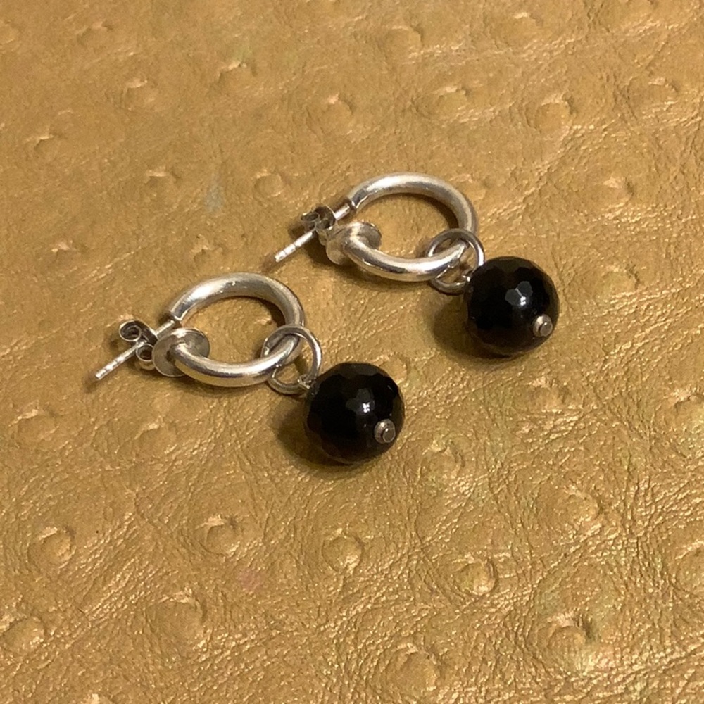 😍925 Silver Hoop & Onyx Earrings😍NWOT